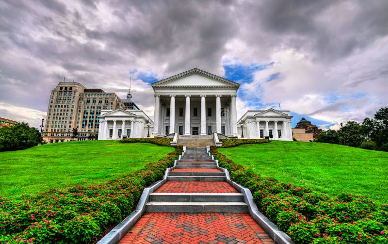 Virginia State Capitol building in Richmond under a stormy sky, symbolizing the fight for equal religious liberty against the Islam Bill SB624